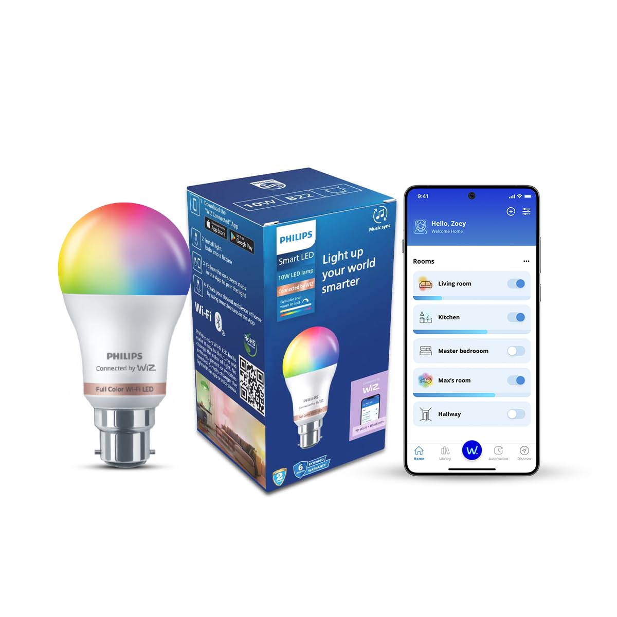 Philips Wiz Smart WI-Fi LED Bulb B22 10-Watt,16 Million Colors , Compatible with Amazon Alexa and Google Assistant- (Pack of
