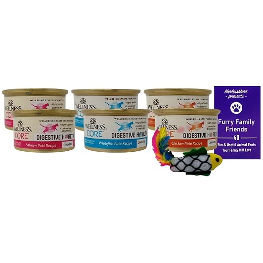 Wellness CORE Grain Free Digestive Health Pate Cat Food 3 Flavor 6 Can Sampler Variety - (2) each: Salmon, Whitefish, Chicken (3 Ounces) - Plus Catnip Toy and Fun Facts Booklet Bundle