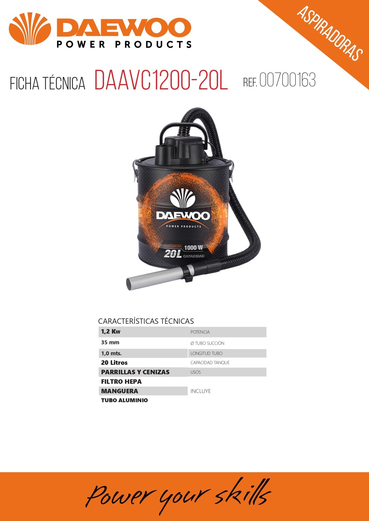 Daewoo Aspirador de Cenizas DAAVC1200K-20L - Potencia 1200 W, Depósito 20 L, Filtro HEPA, Caudal 1.8 m³/min, Tubo Aluminio, Manguera Incluida 700163