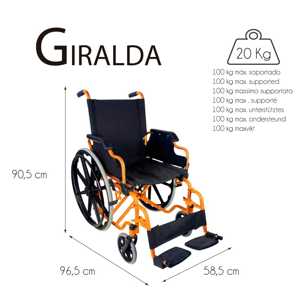 Mobiclinic®, Mod. giralda, Składany wózek inwalidzki, Dla niepełnosprawnych, Aluminium, Zdejmowany podnóżek i składane podłokietniki, Siedzisko 43 cm, Bardzo lekki, Czarny
