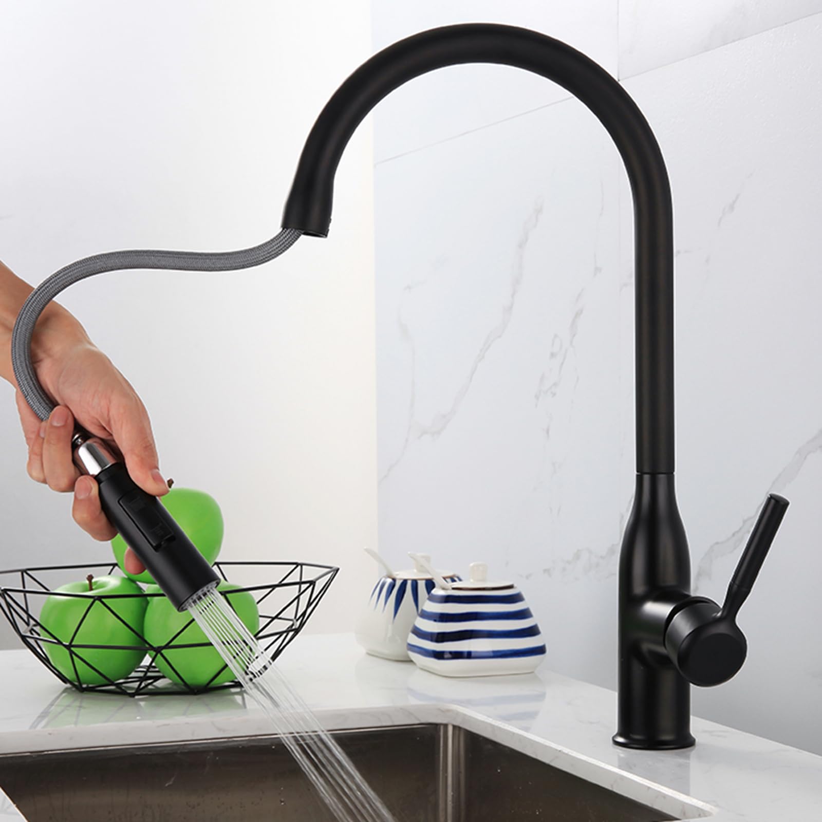 Robinet mitigeur d'évier cuisine noir extractible 360 flexible 2 modes eau chaude froide