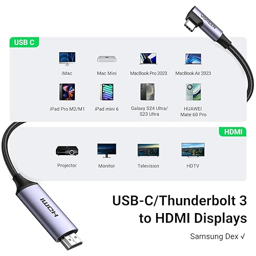 Miniatura 7 de UGREEN Cable USB C a HDMI (4K a 60 Hz) de 3.3 pies, adaptador tipo C a HDMI, Thunderbolt 43 a HDMI para oficina en casa, compatible con iPhone 15