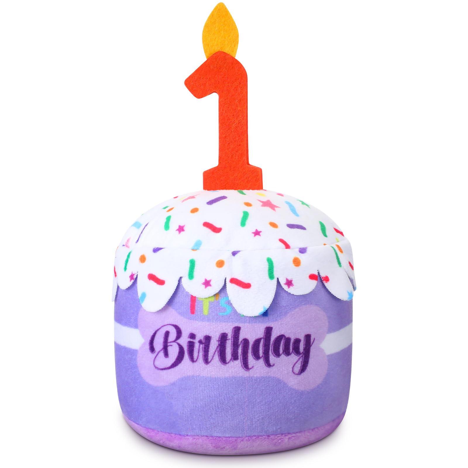 Dansydaisy Dog Birthday Cake Toy Squeaky Plush Toy for Girl Boy Gifts, Chew Accessories for Dog Birthday Party Decor Favor for Large, Medium and Small Dogs(1st,Purple)