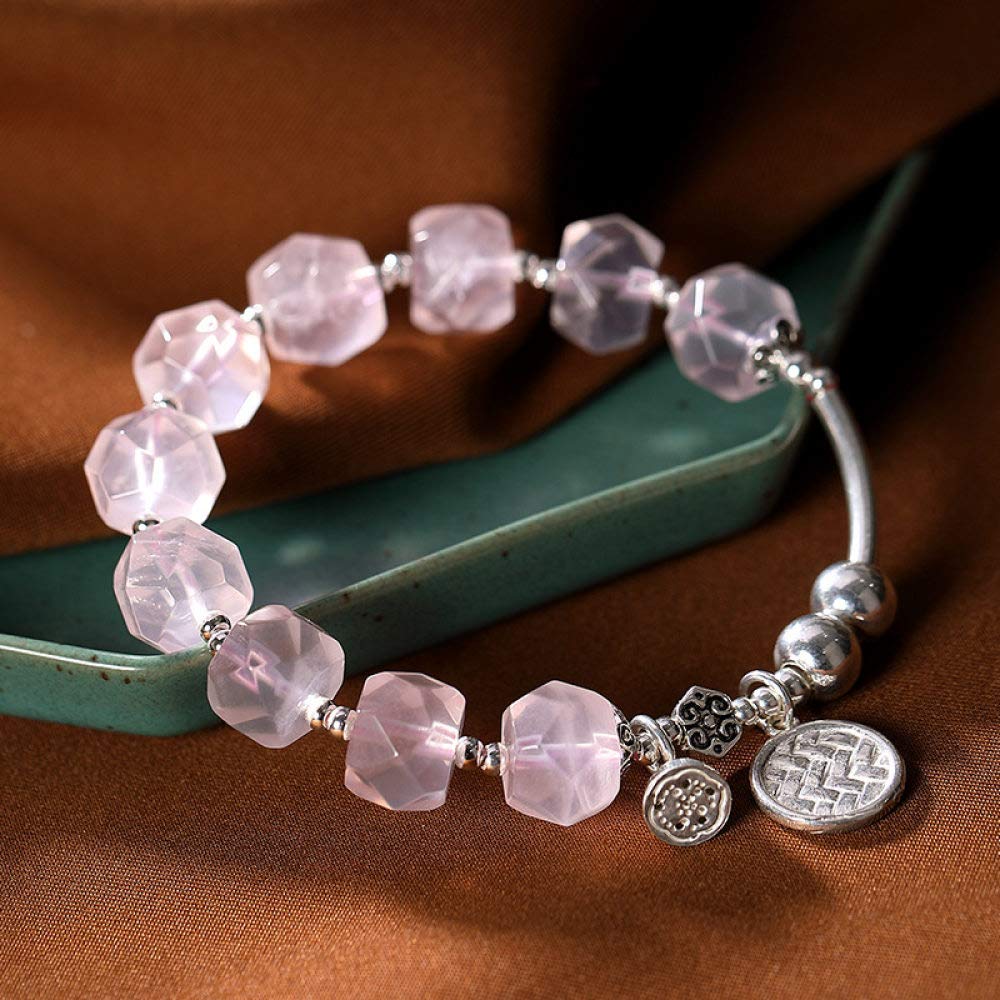 S925 Vintage Pulsera De Plata para Mujeres Hombres Natural Rosa Cuarzo Cristal Abalorios Beads Sencillo Y Simple Estilo Chino Personalidad Creativa Encanto Hermoso Regalo
