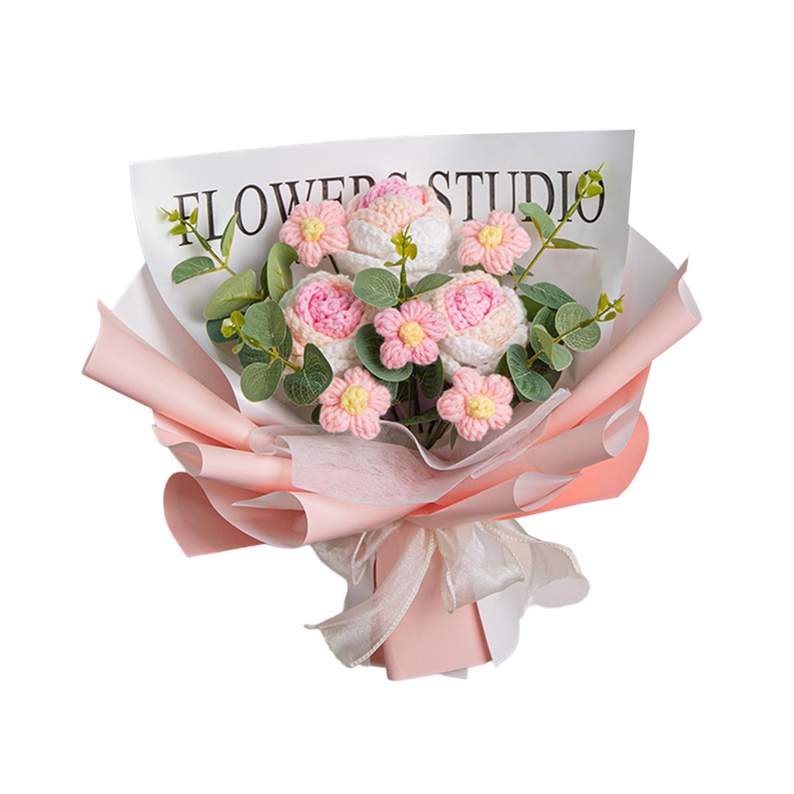YROHGKPN Rose Flowers Bouquets for Christmas, Mother Day, Artificial Flower Crochet Flowers with String Light and Gift Bag Graduation Ceremony