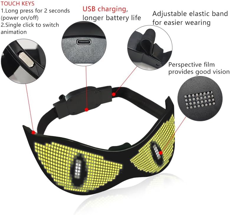 Rear view of ILEDCOLOR LED Glasses highlighting touch keys, USB charging port, and adjustable elastic band.