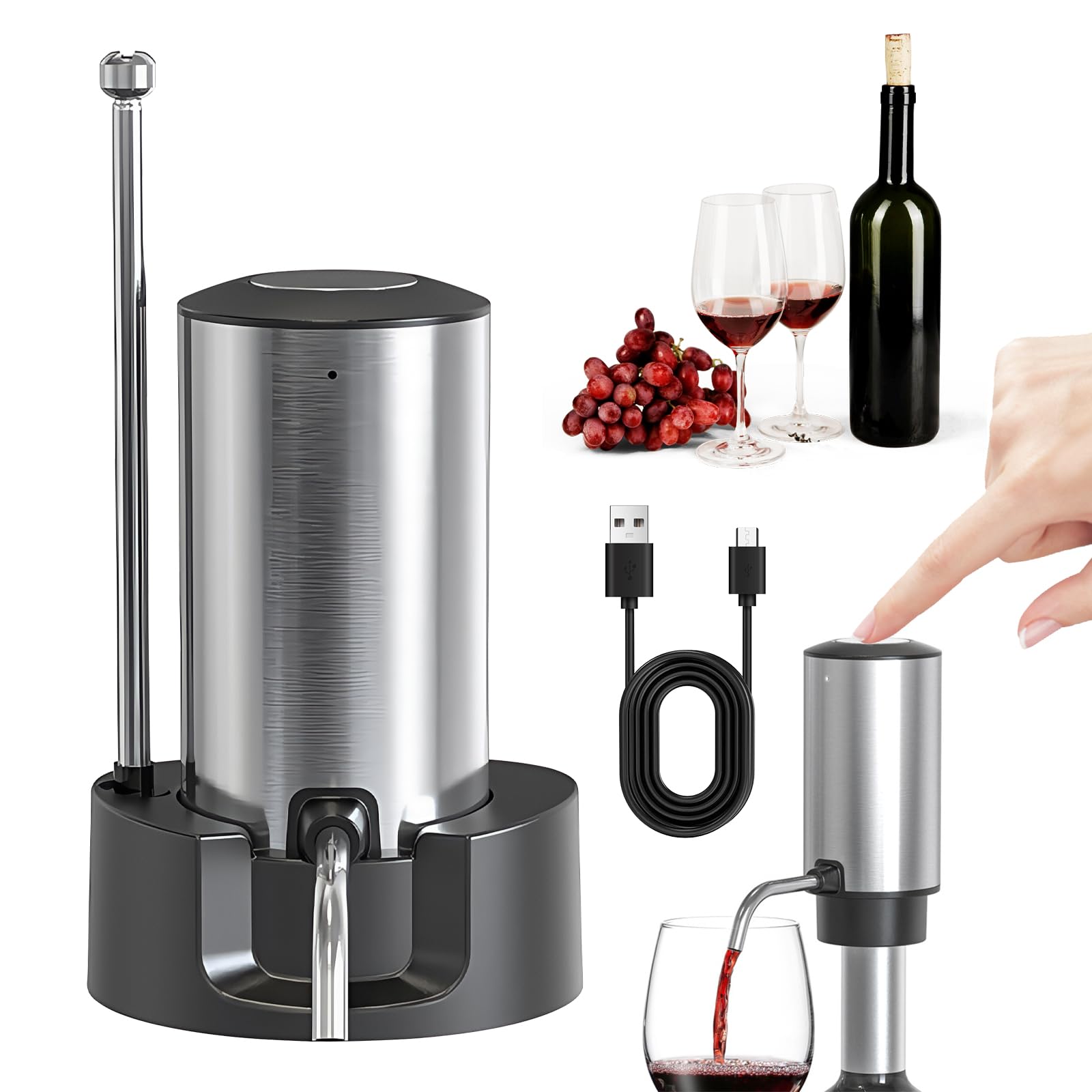 Sporgo Decanter per vino elettrico: Decanter automatico per vino, versatore elettrico ricaricabile, decanter vino rosso, per feste, matrimoni, bar e ristoranti