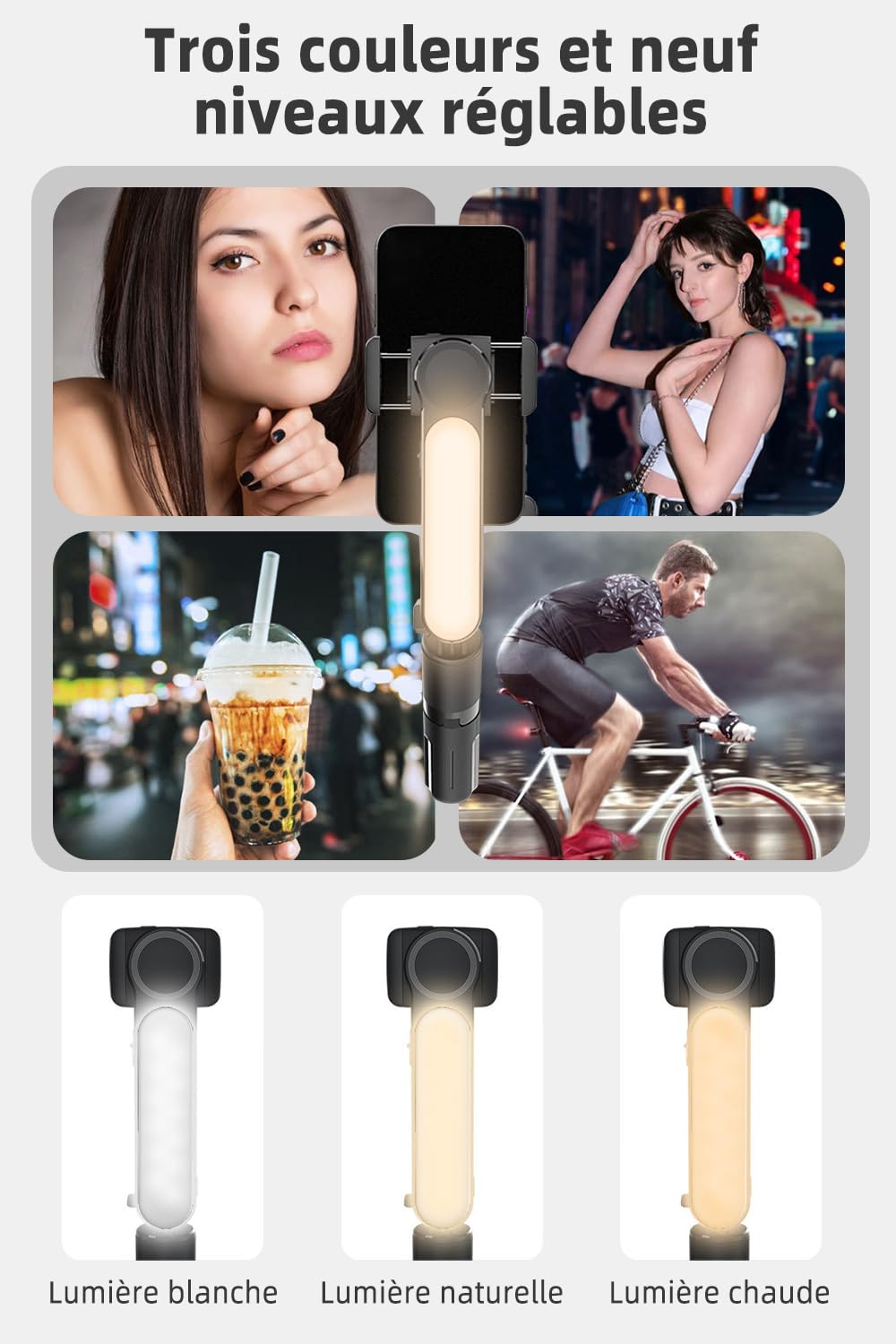 Stabilisateur Smartphone,avec lumière de Remplissage et télécommande, Portable et Pliable, Perche à Selfie à Cardan Portable pour Vidéo Vlog, Compatible avec Android/iOS