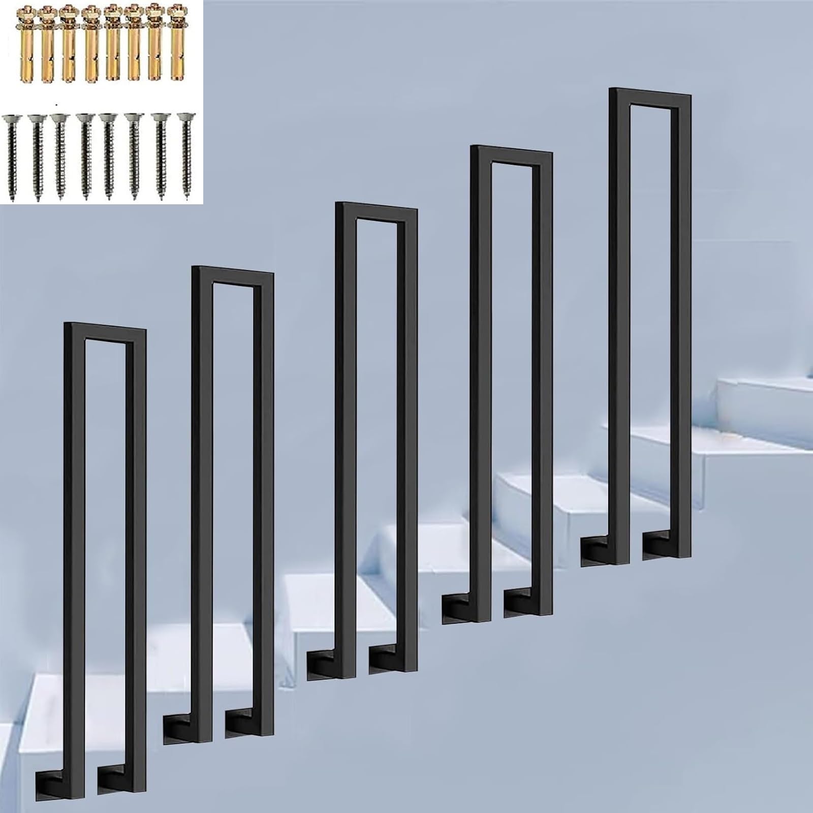 Zyntho Black U-Shaped Stair Rail, Hand Rails For Outdoor Steps, 35-100Cm U-Shape Stair Railing Guardrail, For Home Villa Entrance Indoor Outdoor Anti-Skid Railing, With Installation Kit(90Cm/2.9Ft)