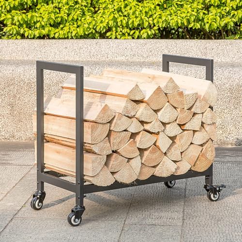 Portale di legna da ardere con ruote bloccabili, organizzatore di stoccaggio in legno resistente per camino, supporto per tronchi da esterno portatile, carrello d'acciaio resistente alla ruggine del m