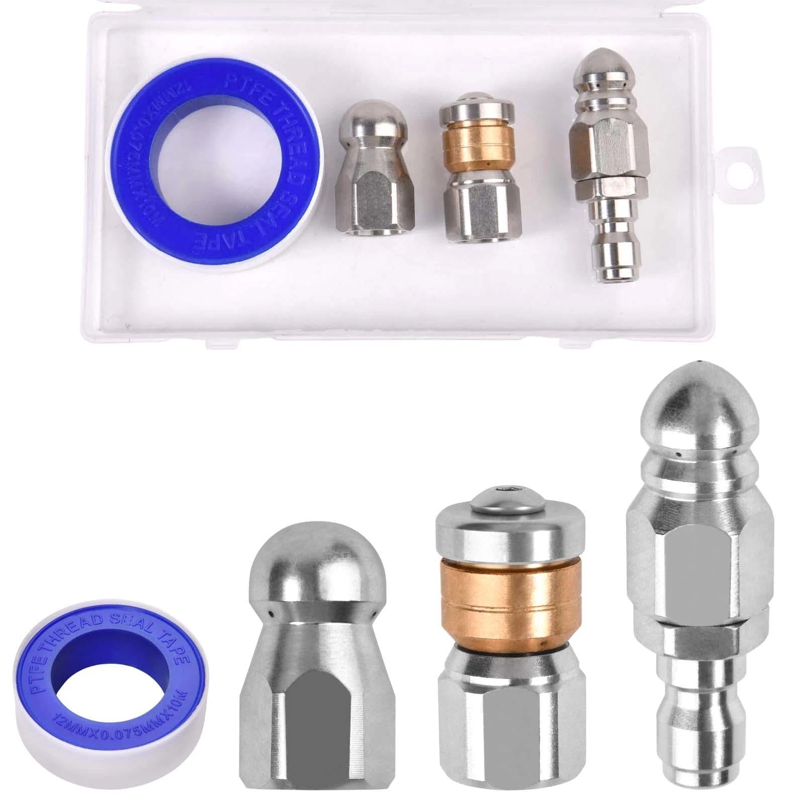 LEONTOOL 3 Pieces Pressure Washer Sewer Jetter Nozzle Stainless Steel Rotating Button Nose Jet Nozzle G1/4" Thread Heavy-Duty Quick Connect, Drain Cleaning Accessories for Pressure Washers, 5000 PSI