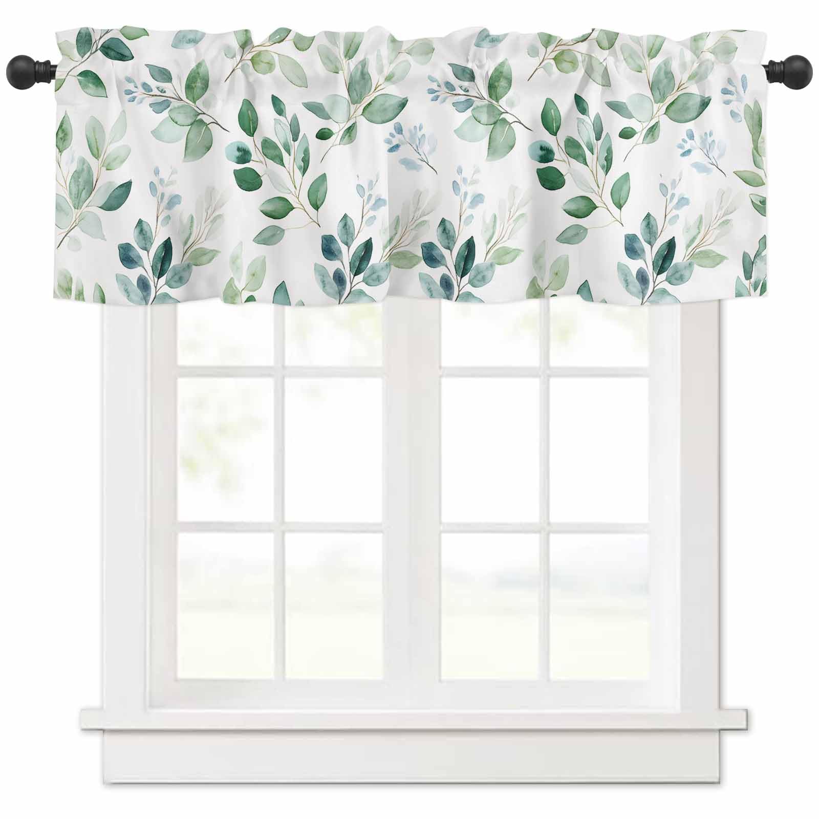 Lsrtoss Eucalyptus Leaves Farmhouse Short Window Curtain Valances, Spring Botanical Pastoral Green Rod Pocket Kitchen Valances for Living Room Bedroom