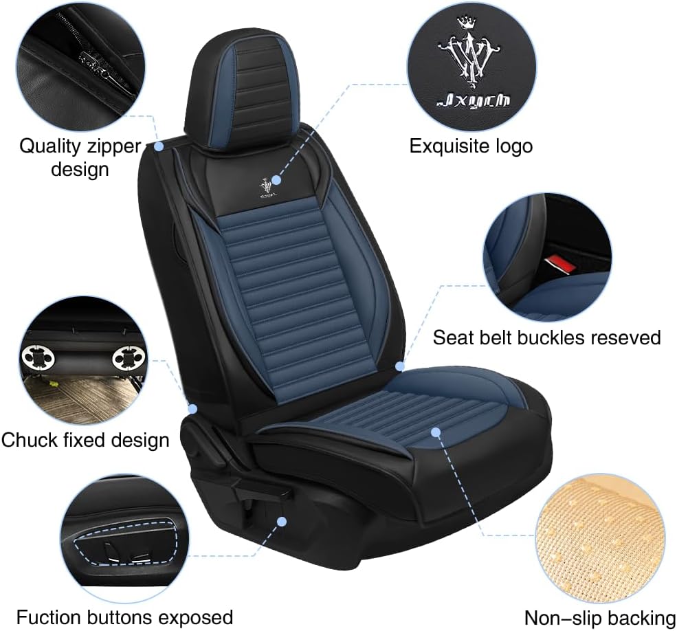 Car Seat Covers Fit for Kia Soul 2010-2025 Leather Seat Cover, Storage Pocket, Non-Slip Backing, Zipper Design, Air-Bag Compatible(Full Set, Black Blue)