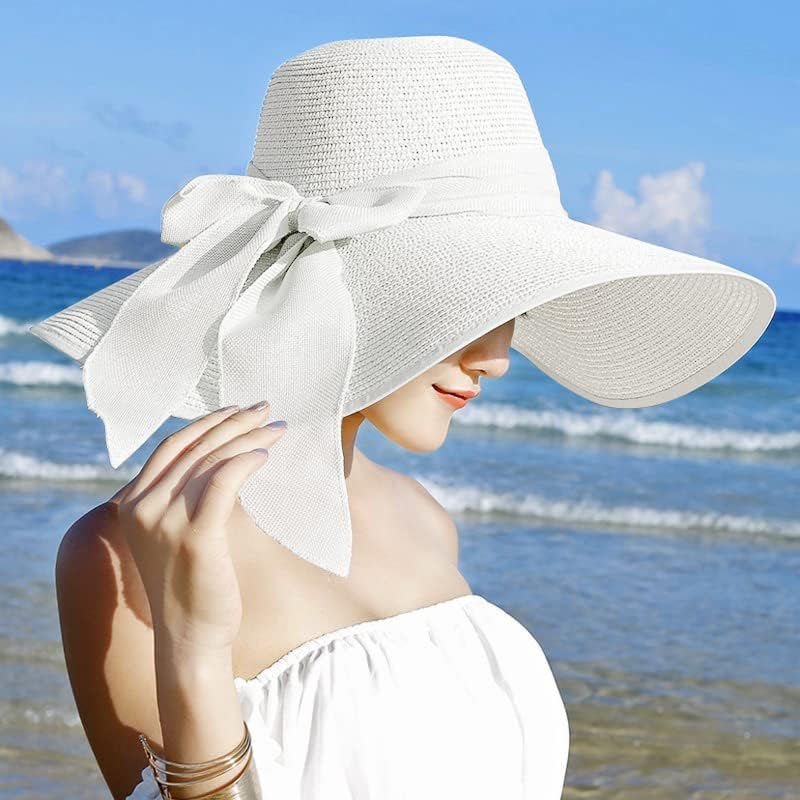 Lanzom Womens 5.7 Inches Big Bowknot Straw Hat Large Floppy Foldable Roll up Beach Cap Sun Hat UPF 50+ - Image 2