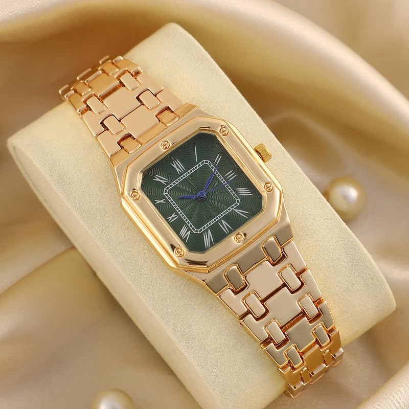 Image of Haute Sauce Women's The Torque Roman Square Watch | California Gold Stainless Steel Strap | Emerald Green Dial | One-Size | Foldover Closure | Quartz | Analogue | Wrist Belt Watch for Female & Girls