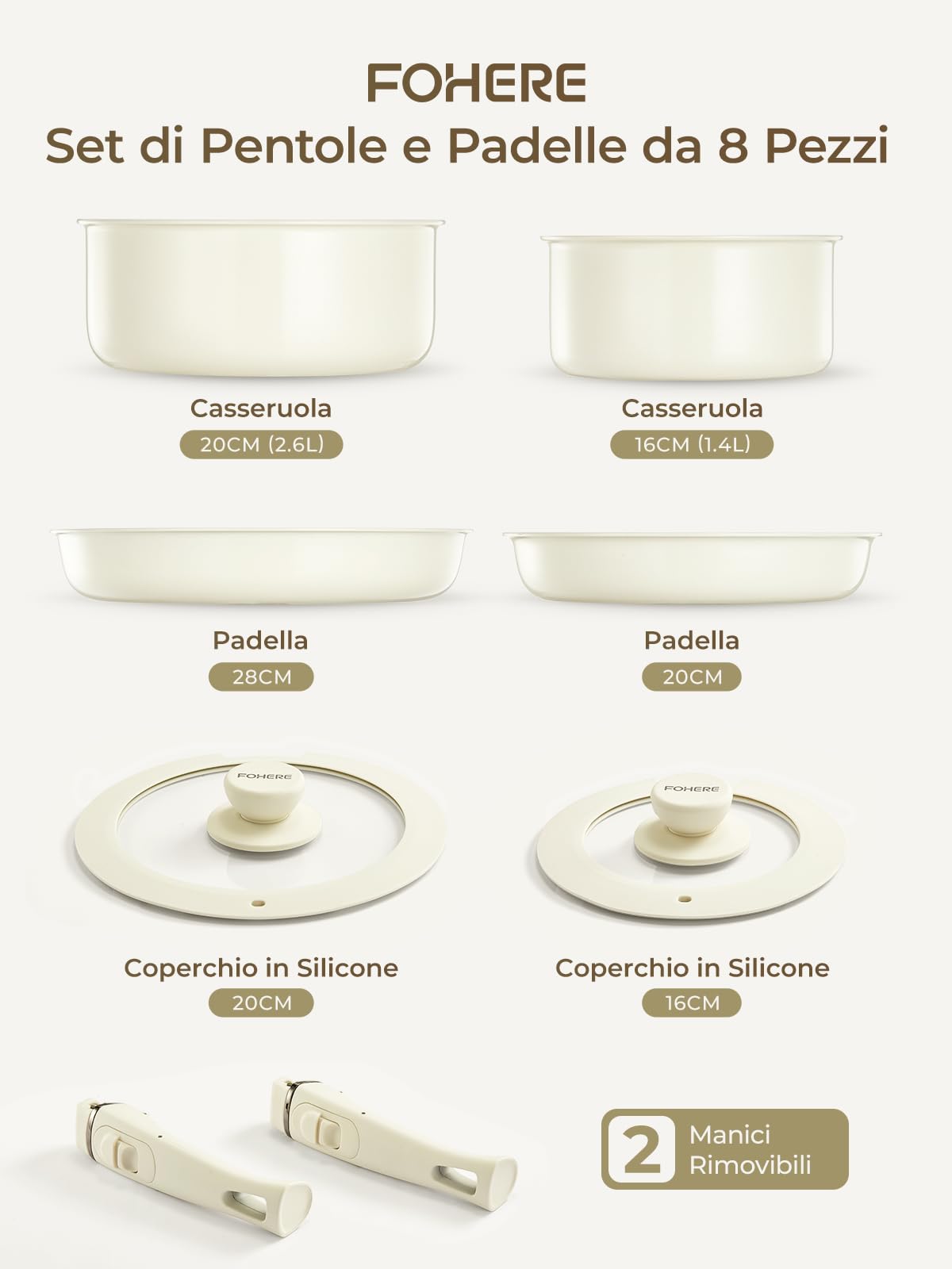 FOHERE Set di Pentole e Padelle Antiaderenti a Induzione 8 Pezzi Alluminio | Ceramica Padella con 2 Manici Amovibili e 2 Coperchio, Padella 20/28cm, Casseruola 16/20cm, Gas e Forno