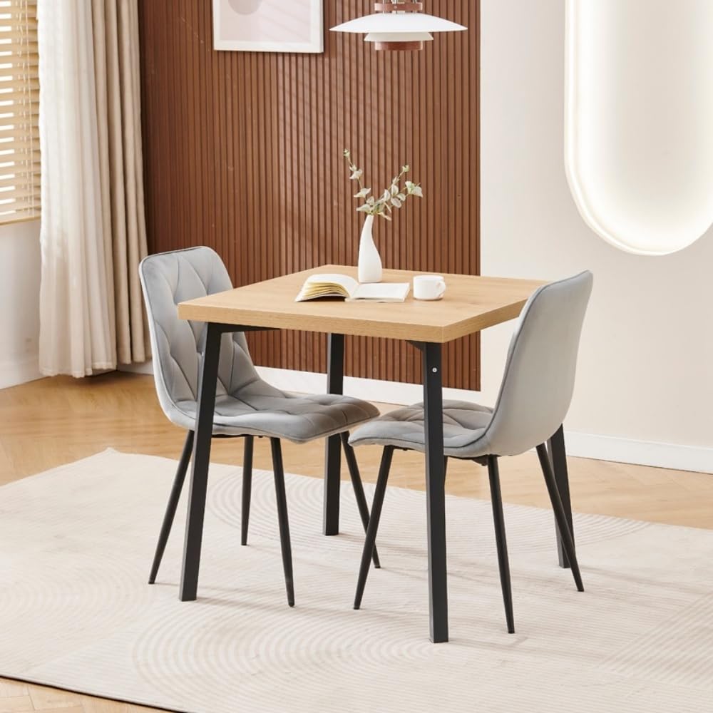 Redd Royal Small Square Oak Dining Table and Chairs Set of 2, Modern 3 Pieces Compact Wood Kitchen Table Set for 2 People (oak table with 2 grey velvet chairs) — image 1