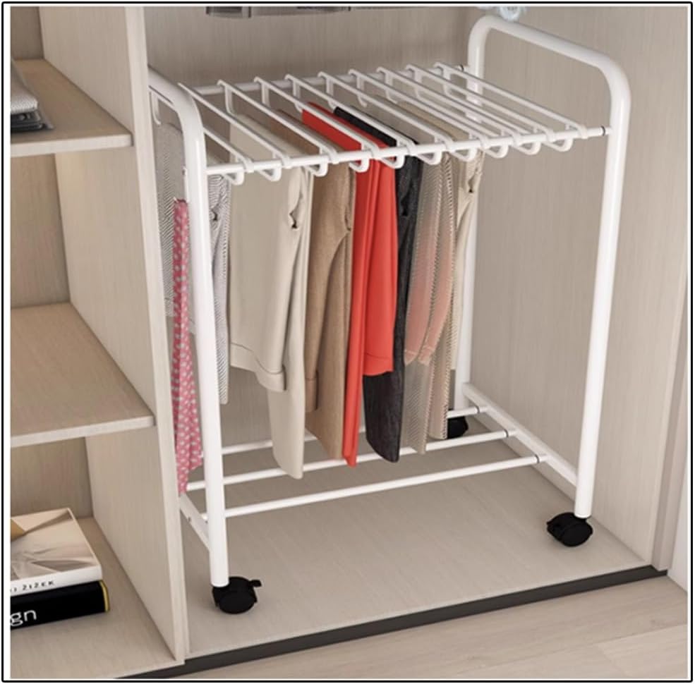 Rolling Pants Hangers Telescopic Trouser Rack,Trolley Pants Rack with 24/30 Pants Hangers, Rack Closet Organizer for Jeans Trousers Skirts (Color : White, Size : 52-81cm with 24 Hooks)