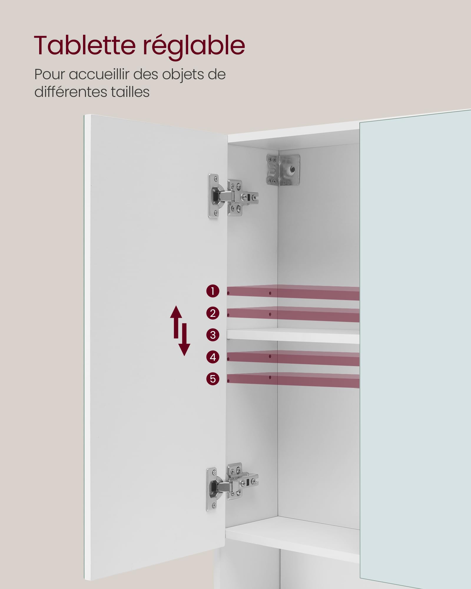VASAGLE Kailyn Collection - Armoire de Salle de Bain avec Portes Miroir, Meuble de Rangement Mural, Compartiment Ouvert, Étagères Réglables, 16,5 x 90 x 75 cm, Blanc Nuage BBK130W01