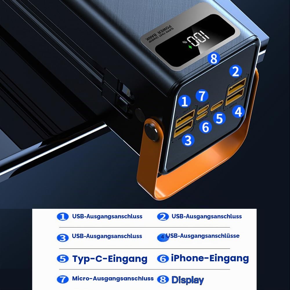 Powerbank 80000 MAh Großer USB-Akku Mit LED-Anzeige 22,5 W Schnelllade-Powerbank Mit Integrierten Kabeln Tragbares Ladegerät Kompatibel Mit Smartphones Und Tablets(Size:80000Mah,Color:schwarz)