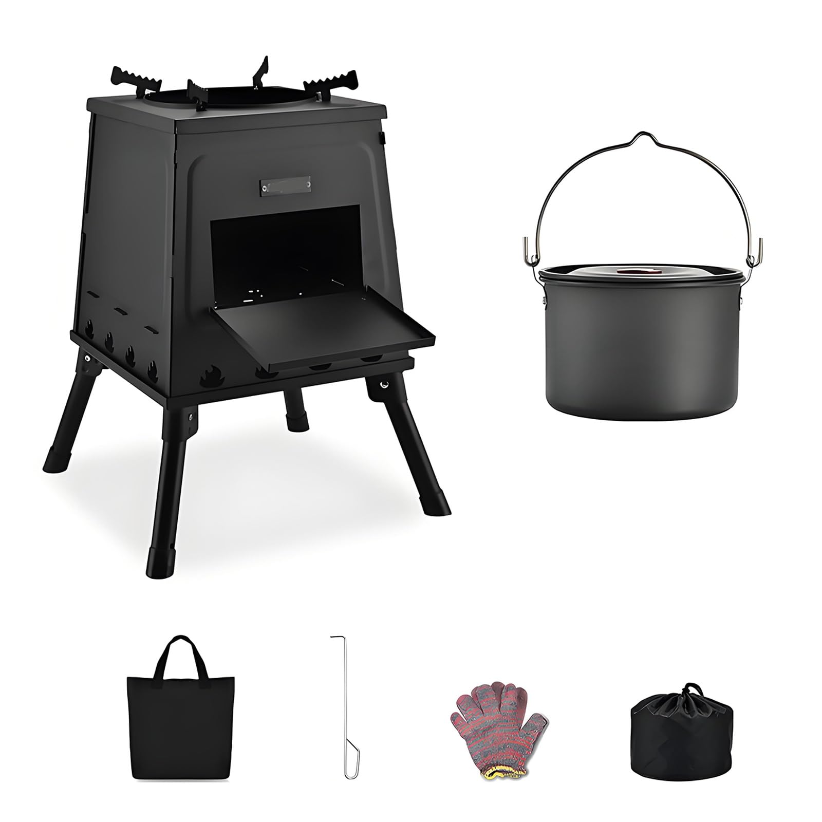 Stufa a Legna Portatile In Ghisa per Campeggio Stufas In Acciaio al Carbonio a Riscaldamento Rapido con Gambe Pieghevoli e Accessori(22 * 19 * 36cm)