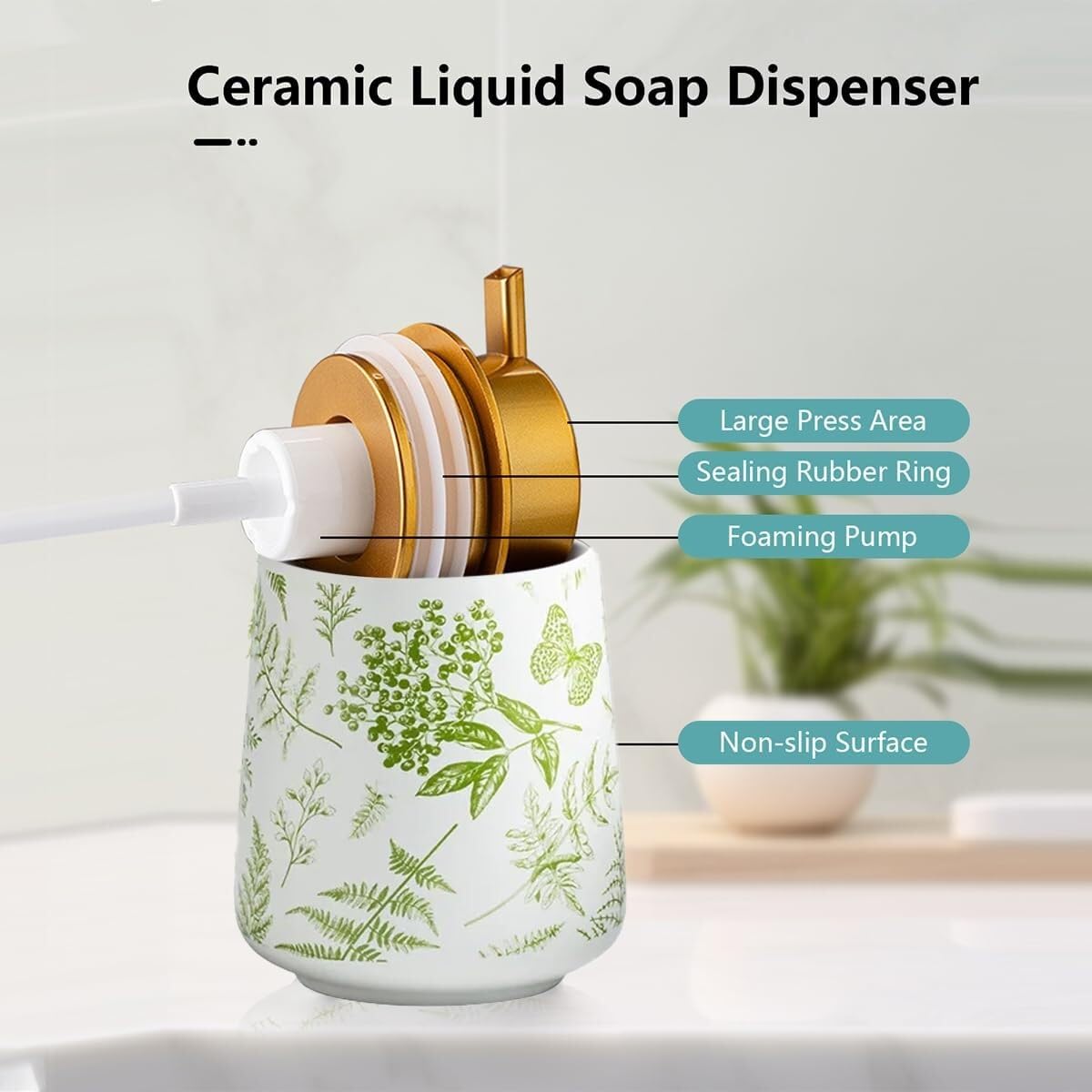 Set di accessori da bagno in ceramica con motivi vegetali, accessori con dispenser di sapone, piatto, bicchiere, decorazione per la casa, decorazione costiera (set da 3 pezzi, verde)