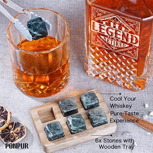 Image of PONPUR The Legend Has Retired 2026 Retirement Gifts for Men Women, Whiskey Decanter Gift Set with 2 Whisky Glasses, Best Christmas Birthday Presents for Dad Coworkers Teacher