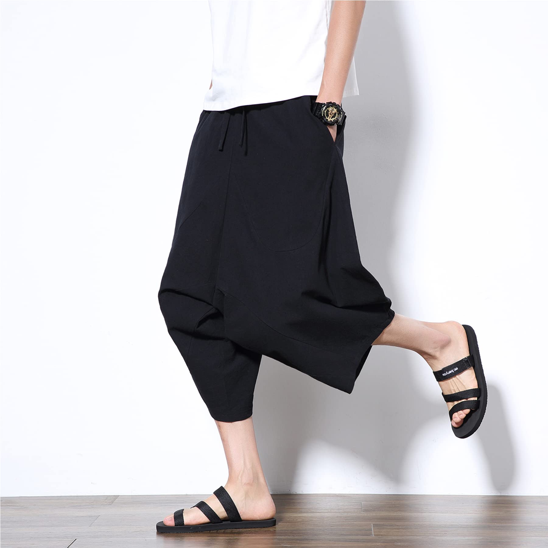 DOSLAVIDA Herren-Caprihose aus Baumwollleinen, leger, elastischer Bund, Baggy, Haremshose, leicht, lockere Passform, Yoga, Strand-Shorts