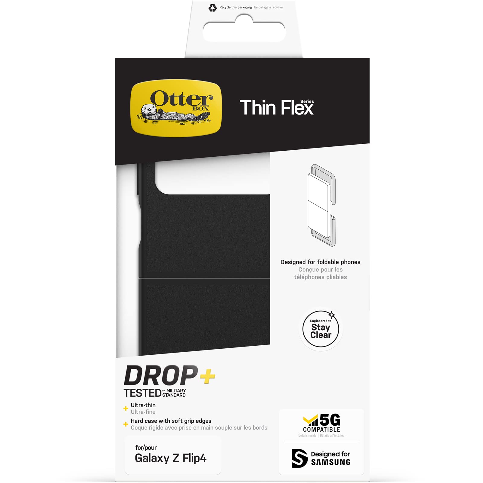 Otterbox Cover per Samsung Galaxy Z Flip4Thin Flex, resistente a shock e cadute, i n 2 pezzi, testata 2x vs norme anti caduta MIL-STD 810G, per telefoni pieghevoli, Nero
