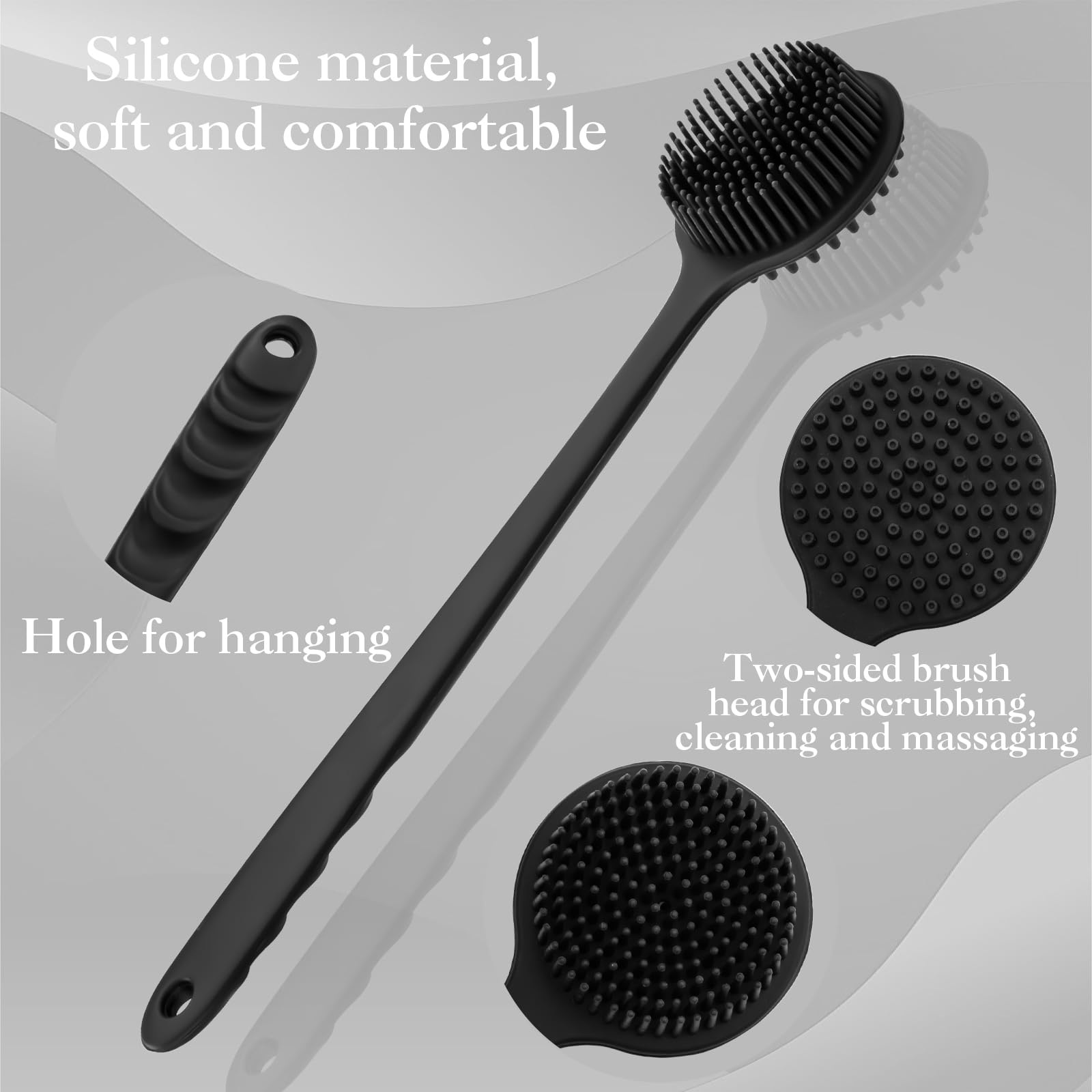 2 Pezzi Spazzola Schiena Doccia con Manico Lungo Spugna Silicone Corpo Nero Body Back Scrubber Lavaschiena per Doccia Esfoliante e Massaggio