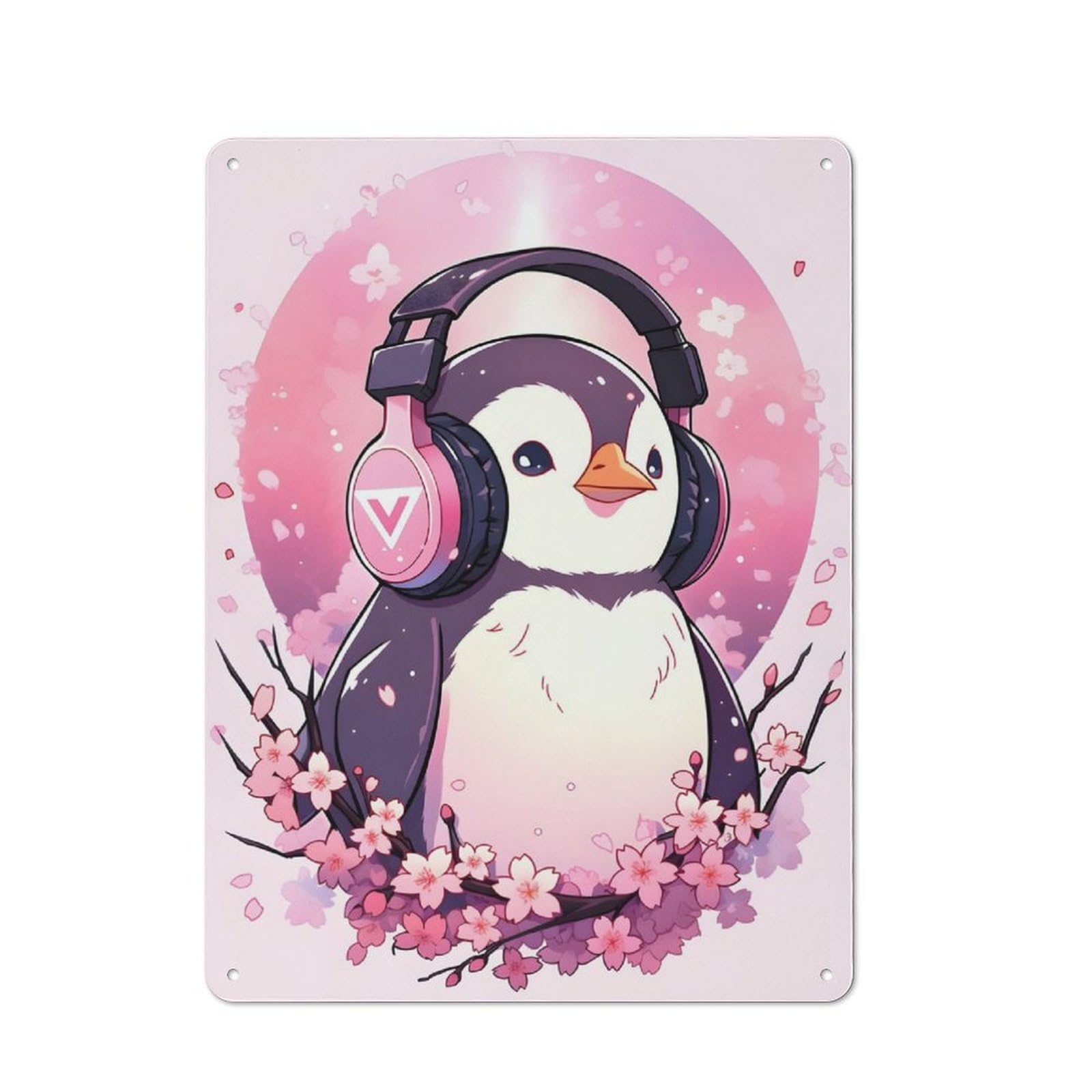 Junmoney Penguin Cherry Blossoms Printed Metal Sign 40X30cm For Man Cave Or Games Room, Suited To Games Room Collectors