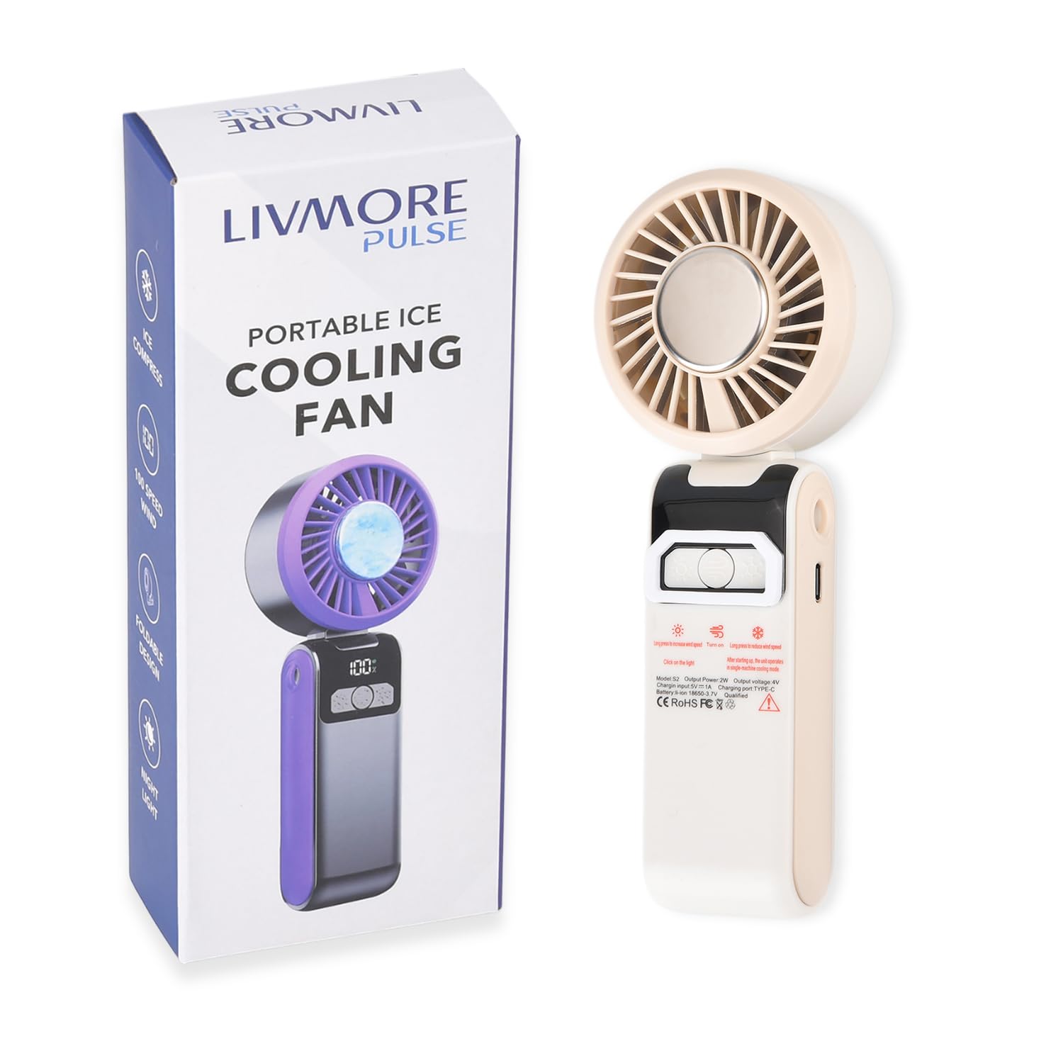 TJC LIVMORE Portable Fan Handheld Mini Fan UK, 100 Speed Rechargeable Cooling Fan 3000mAh 3.7V 2W, Foldable USB Desk Fan with Ice Cooling, Night Light, Type-C Charging for Home Travel (White)