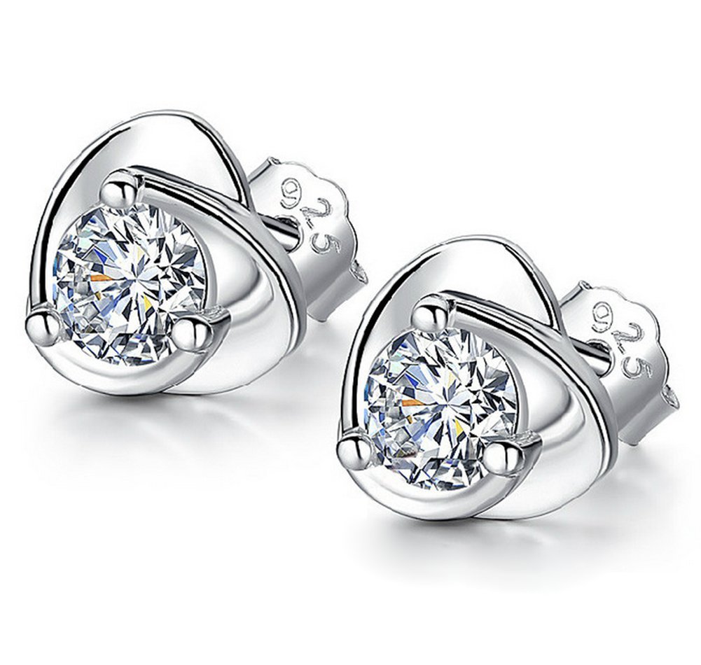 Hosaire 1 Pair Womens Girls Heart-shaped Earrings Fashion Cute Crystal Diamond Glittering Stud Earrings Gift(Silver)