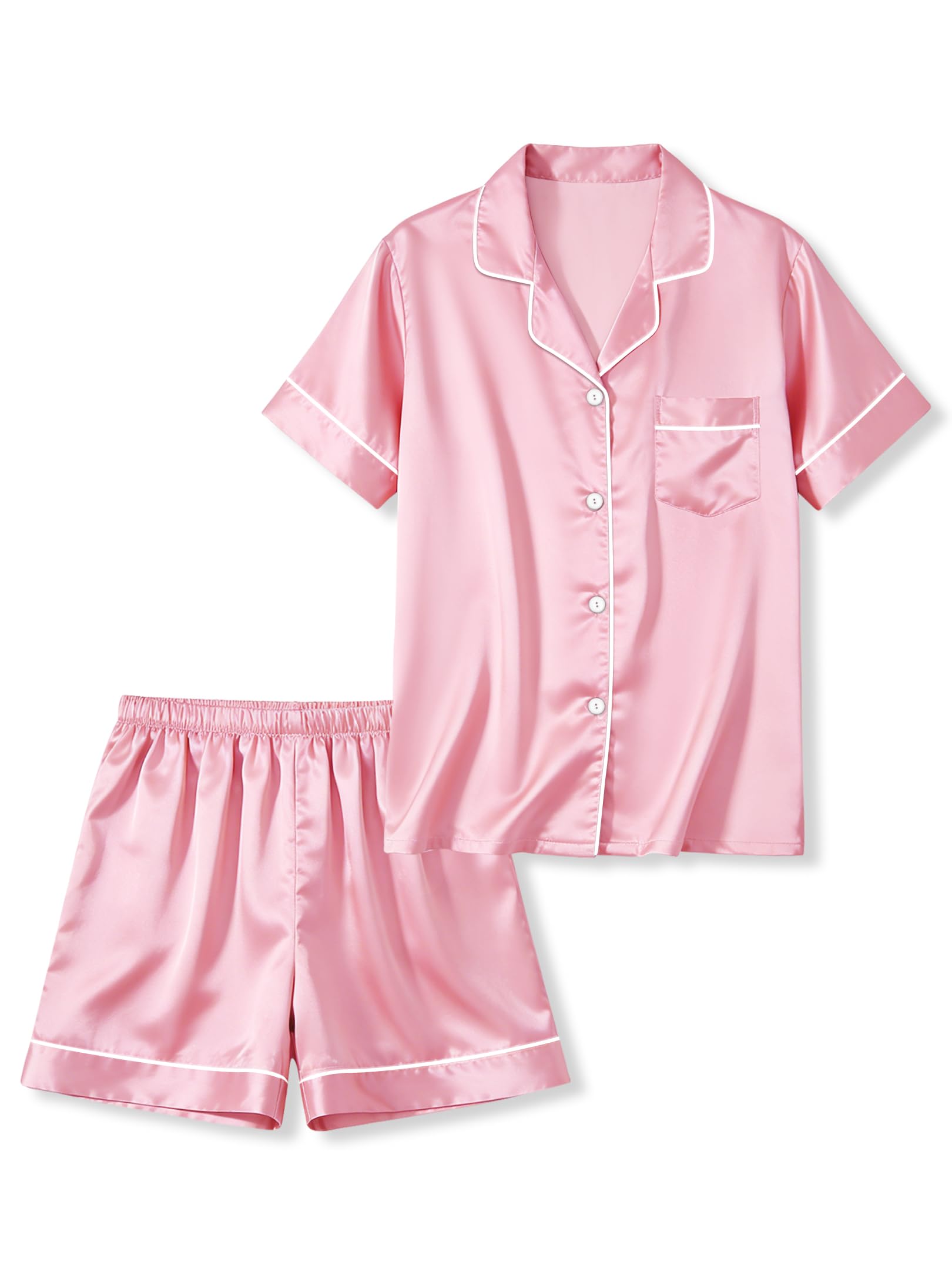 LANKMEI Girls & Boys Satin 2Pcs Short Sleeve Pajamas Set | Luxury Silky Breathable & Soft Button Top & Shorts Set Elastic Waist Ideal for sleepovers summertravel & daily comfort product thumbnail 3