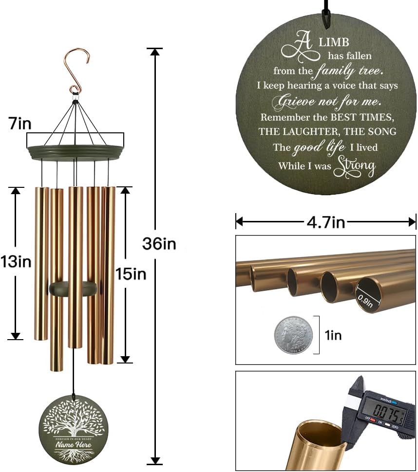 Personalized Wind Chimes, Life Tree Sympathy Wind Chimes, Memorial Gifts, in Loving Memory of, Windchime for Loss of Loved Dad/Mom, 36inch Deep Tone Wind Chime Outside (Produced in USA)