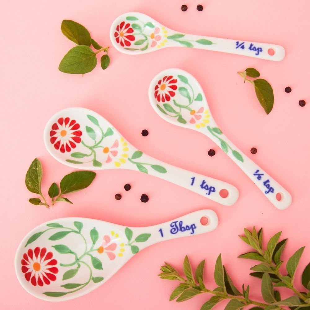 Spring Flowers Ceramic Measuring Spoons (4 Pieces, Multicolor)