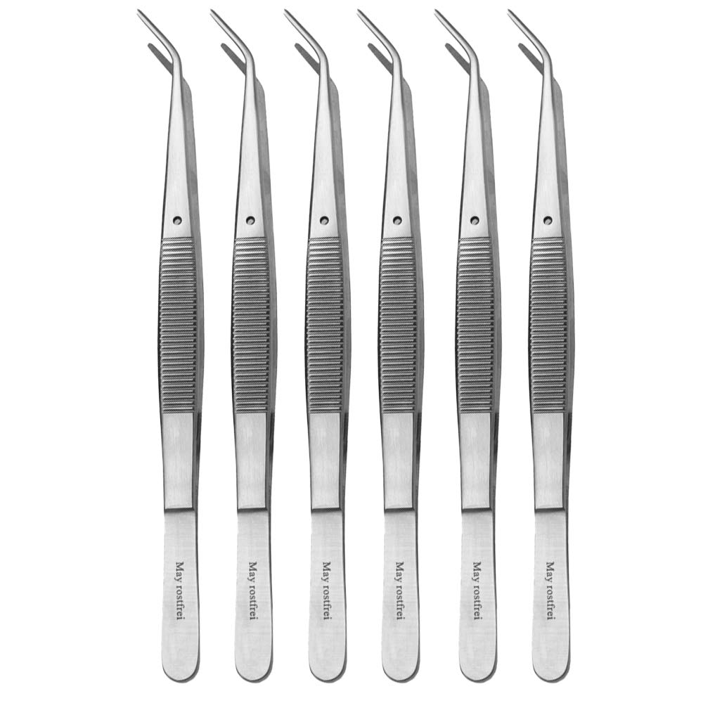 May Set: 6X Zeckenzange für Hund & Katze Edelstahl 15 cm | 6er-Pack Erste-Hilfe-Pinzetten mit Fixierstift und gekröpfter Spitze gegen Parasiten