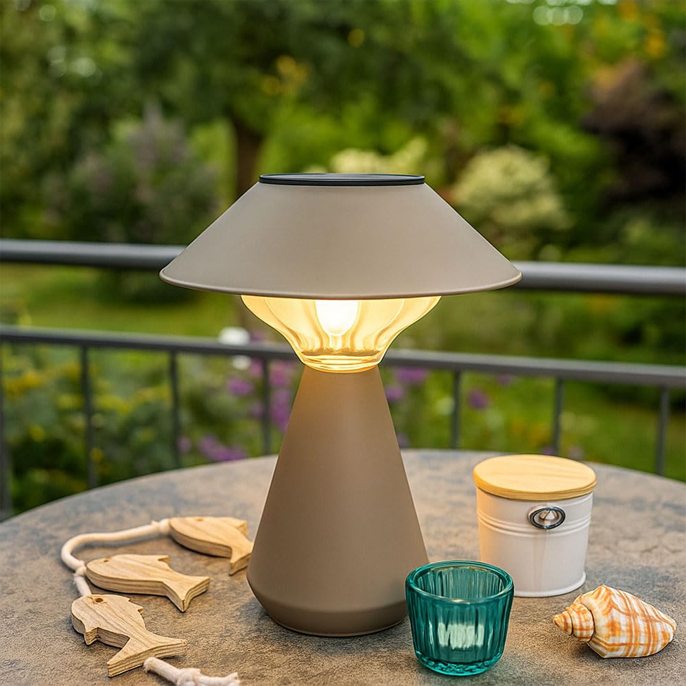 Solarlampe Tischleuchte Außenlampe sandfarben LED Gartenlampe Balkonlampe, Edelstahl, LED 3000K warmweiß, H 23 cm