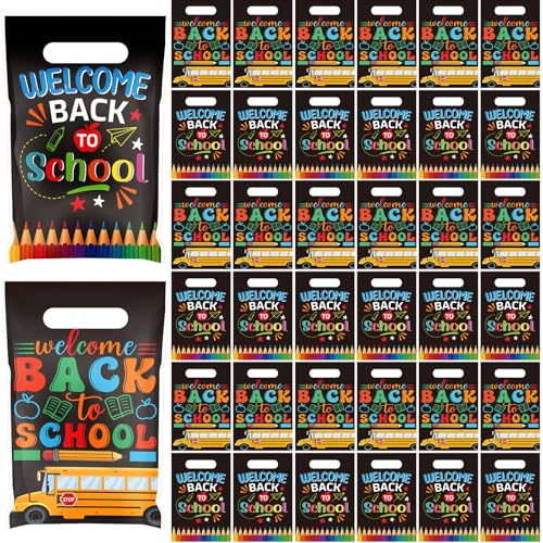 Chivertion 100-Piece Multicolored Plastic Back to School Gift Bags with Handle Pencil Apple School Bus Design Approx. 9.84 x 6.3 Inches Welcome Back to School Party Favors and Decor