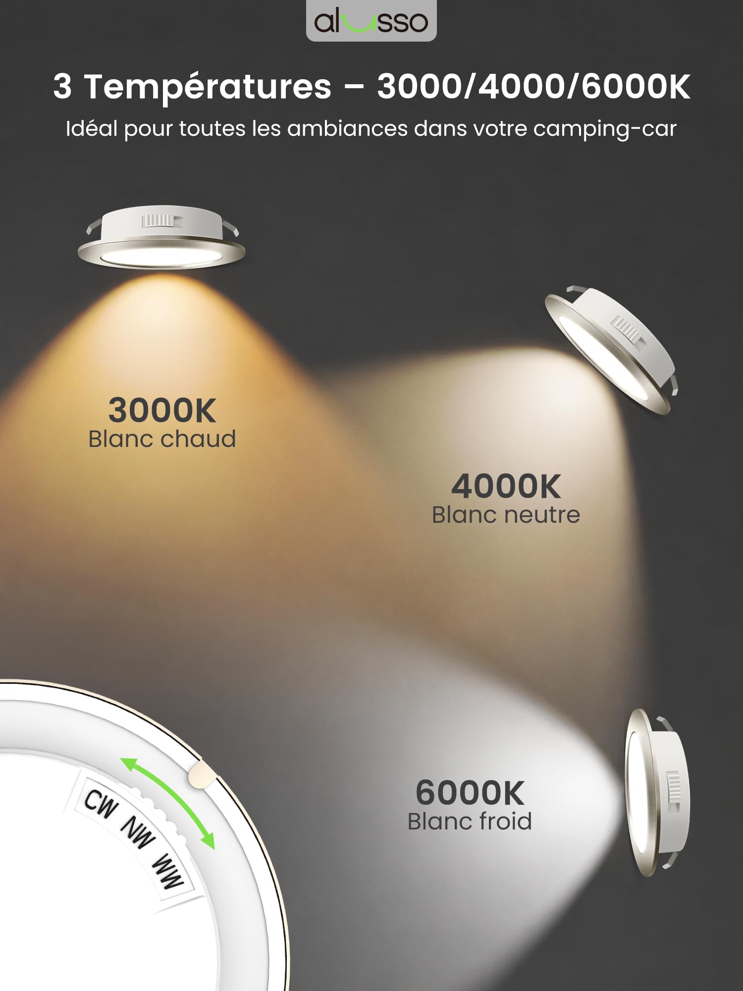 ALUSSO Lot de 6 spots LED encastrables 12V pour meubles cuisine salle de bain caravane et camping-car - Puissance de 4W, équivalent à 40W incandescence - Disponible en 3000K, 4000K, 6000K, Nickel