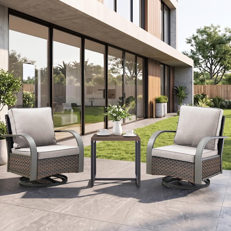 Image of 3 Piece Outdoor Patio Wicker Swivel Rocker Chairs with Table, Beige Cushion | Metal Wide Armrest, Wicker Outdoor Furniture Set, Water-Resistant, Fade-Resistant, Removable Cover, Stain-Resistant