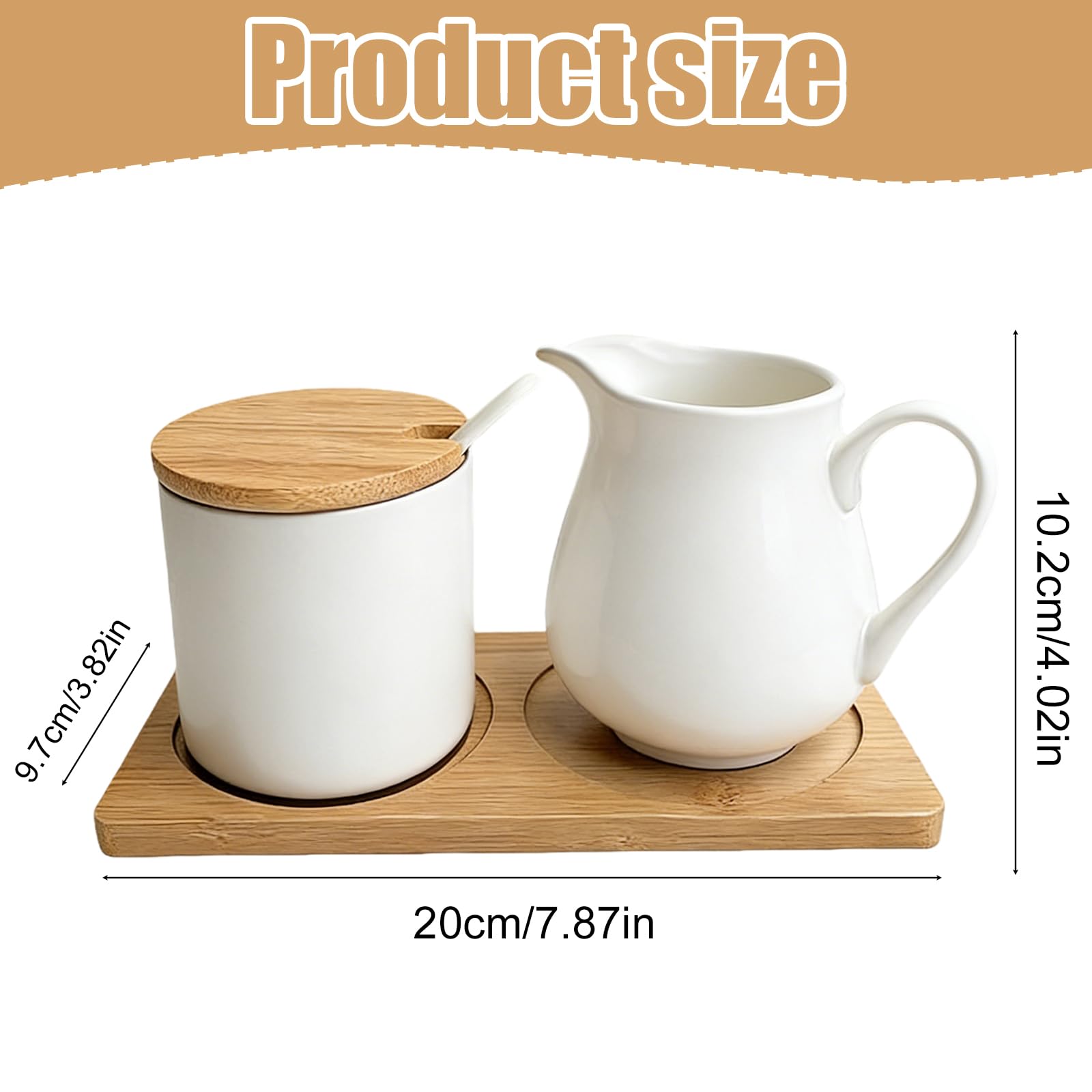 GOMETY Juego de leche y azúcar con tapa y cuchara, jarra de leche de cerámica y azucarero con bandeja de madera, apta para lavavajillas y microondas, para café y capuchino (blanco)