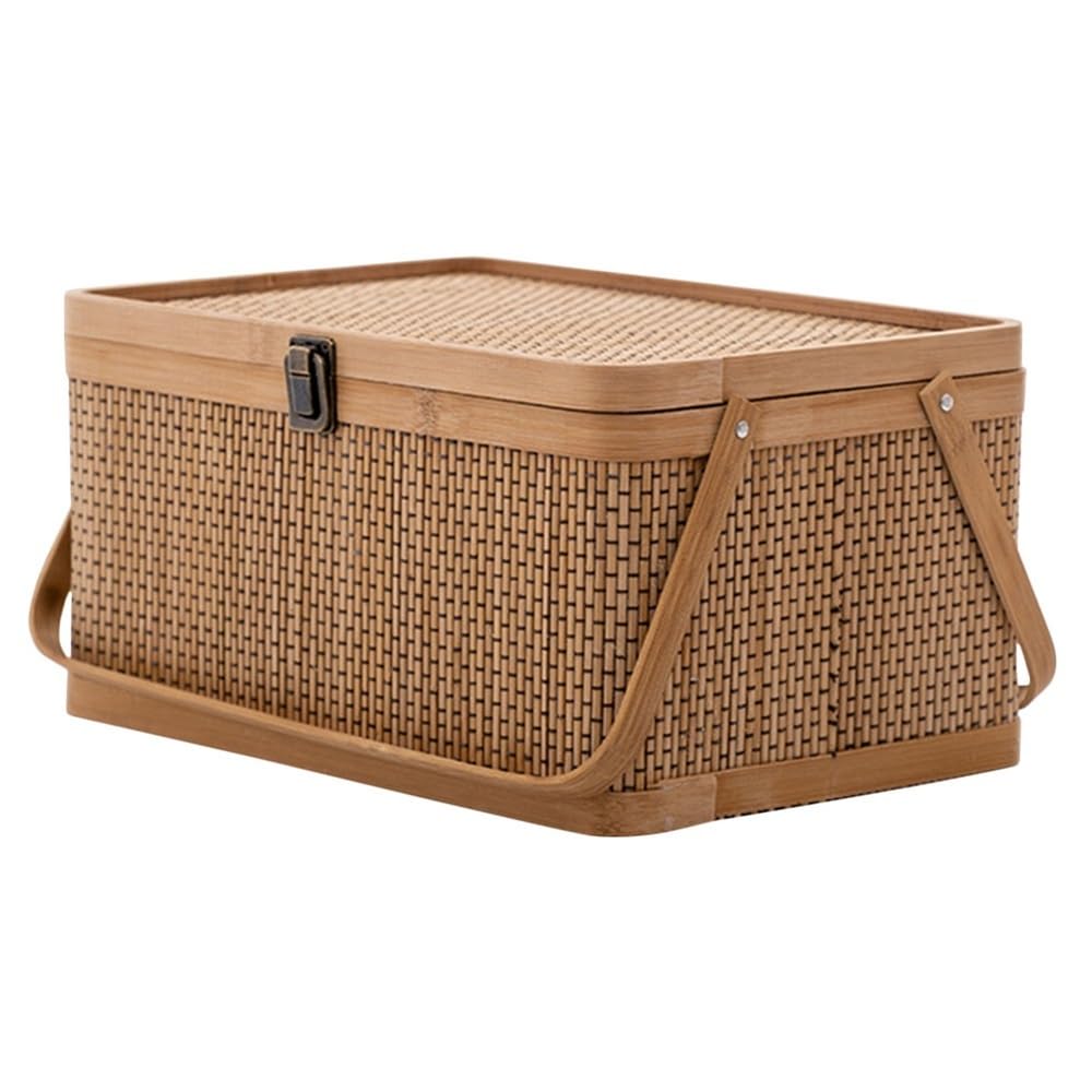 Cesto portaoggetti per uova, con coperchio per frutta, decorativo, da picnic, in bambù intrecciato intrecciato (35 x 25 x 18 cm)