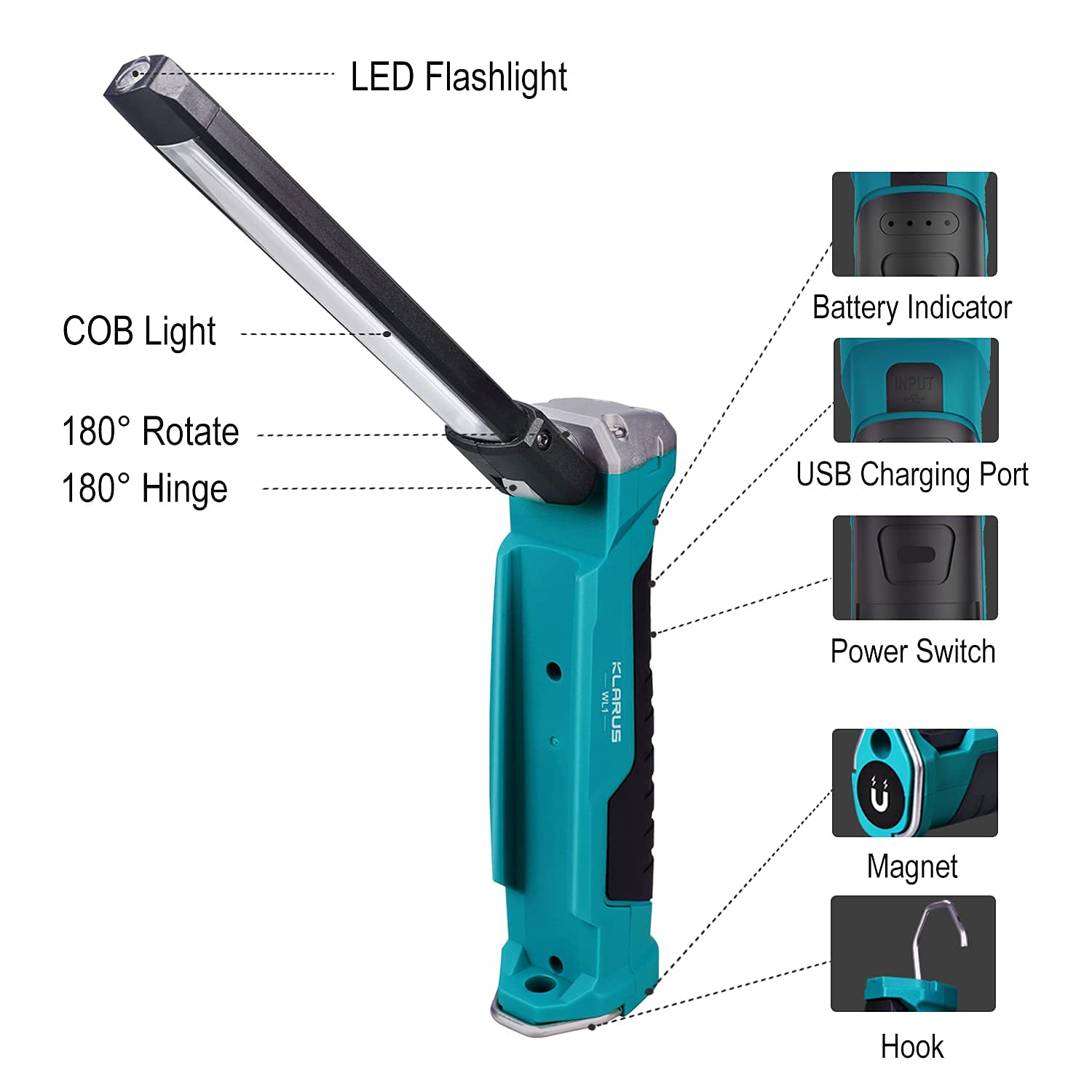 klarus WL1 Lampada da lavoro a LED 550 lumen, ricaricabile COB, con base magnetica e gancio, ruotabile di 180° e ripiegabile 7 modalità di illuminazione, adatta per la manutenzione di auto