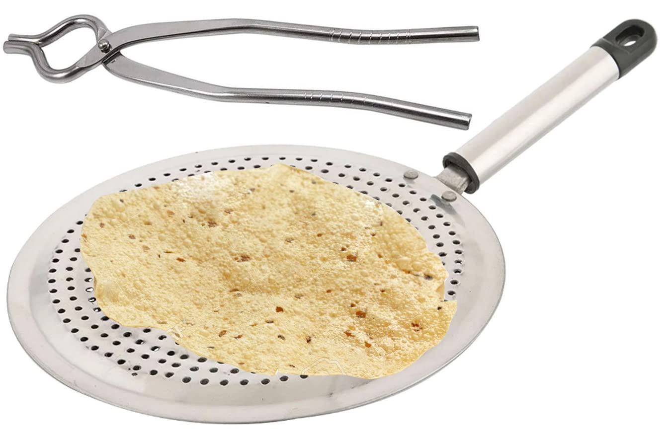 Red de acero inoxidable para asar rotis y parathas con juego de dos pinzas de cocina