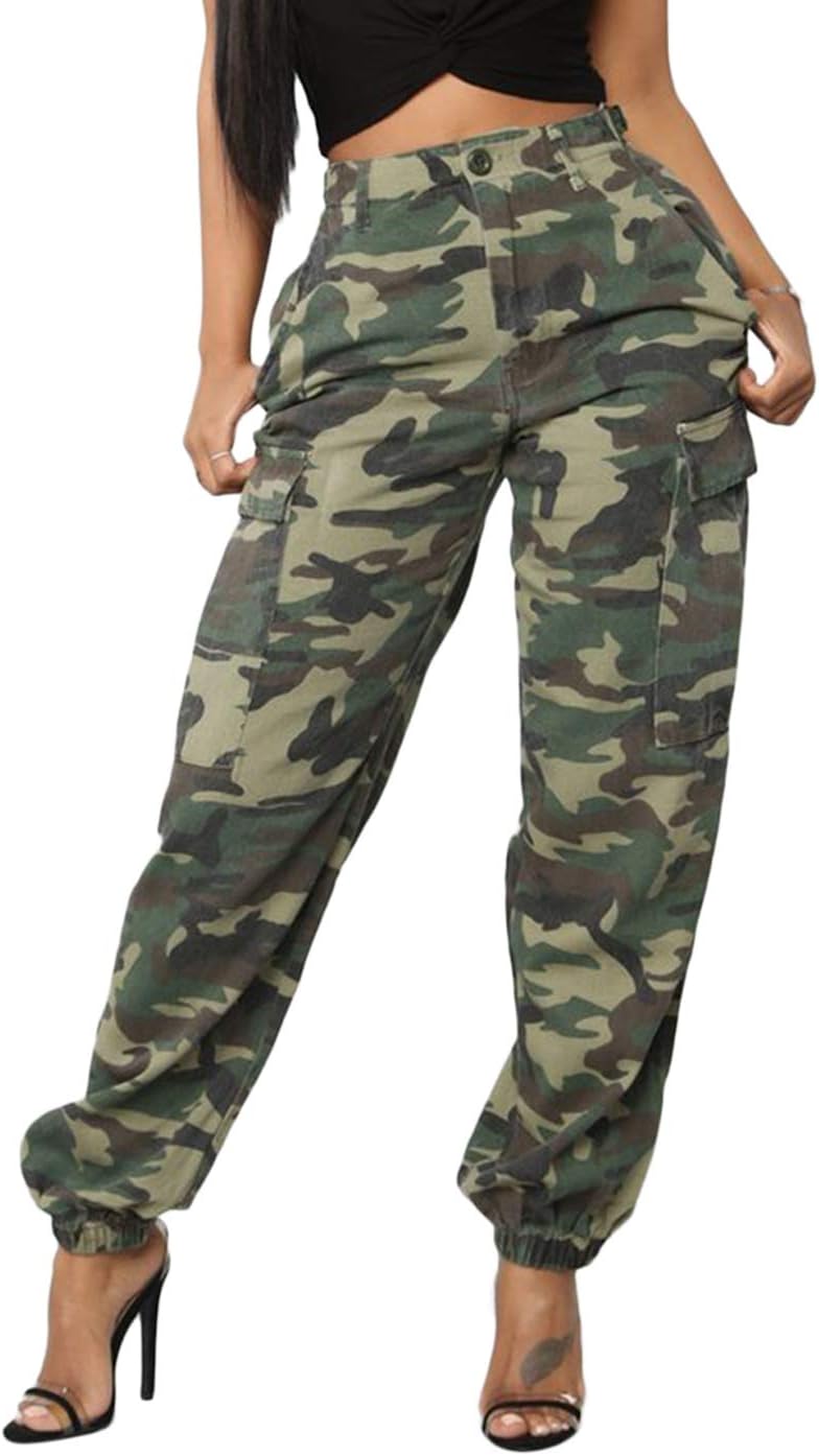 Joyfunear Women's Casual Loose Elastic Buttons Down Cargo Pants with Stretch Twill Pockets
