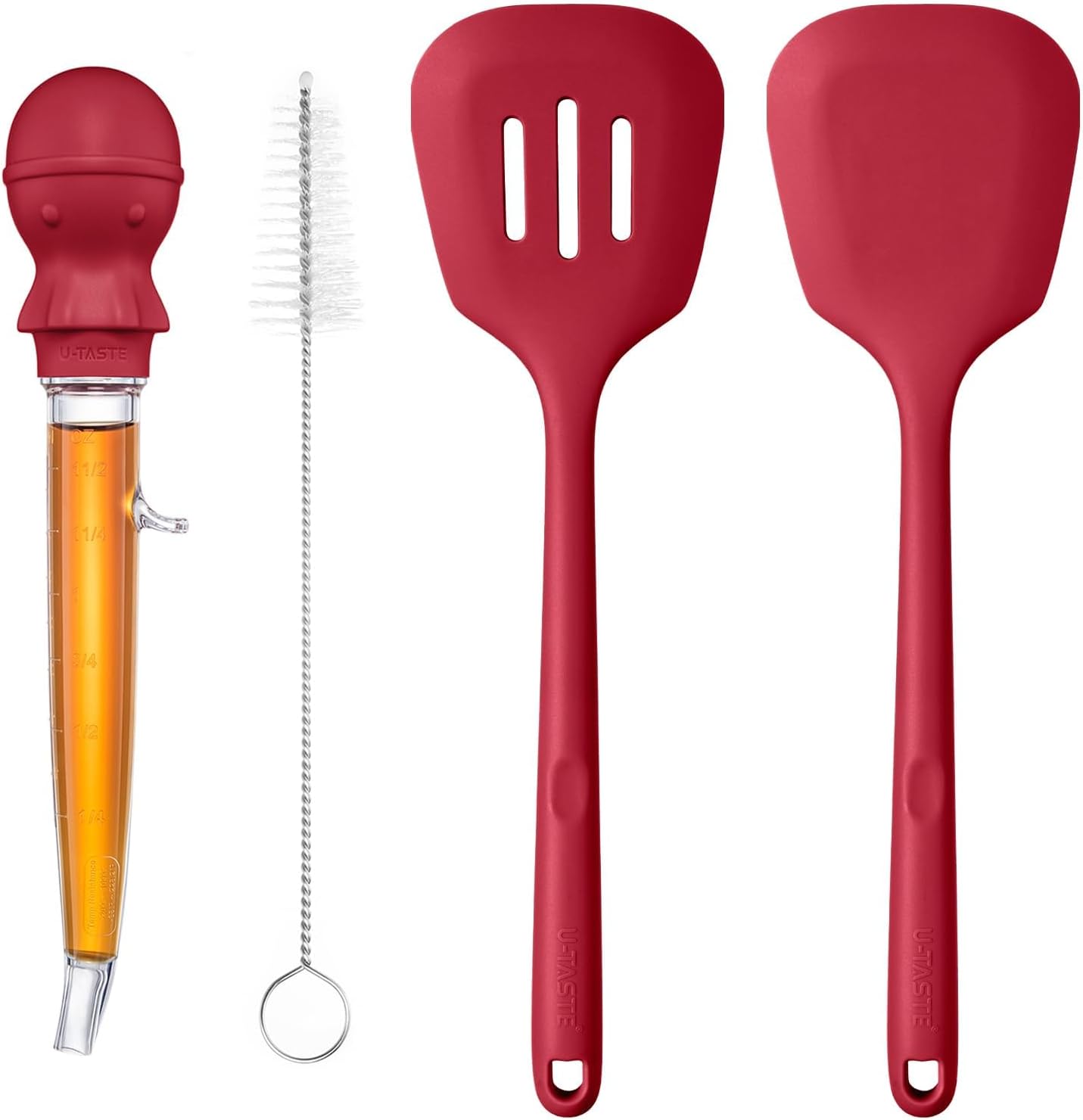 U-Taste 228.2℉ Heat Resistant Food Grade 1.5oz Angled Turkey Baster, and 600ºF Heat Resistant Silicone Turners, 13.6in Long Solid & Slotted Kitchen Spatula (Red)