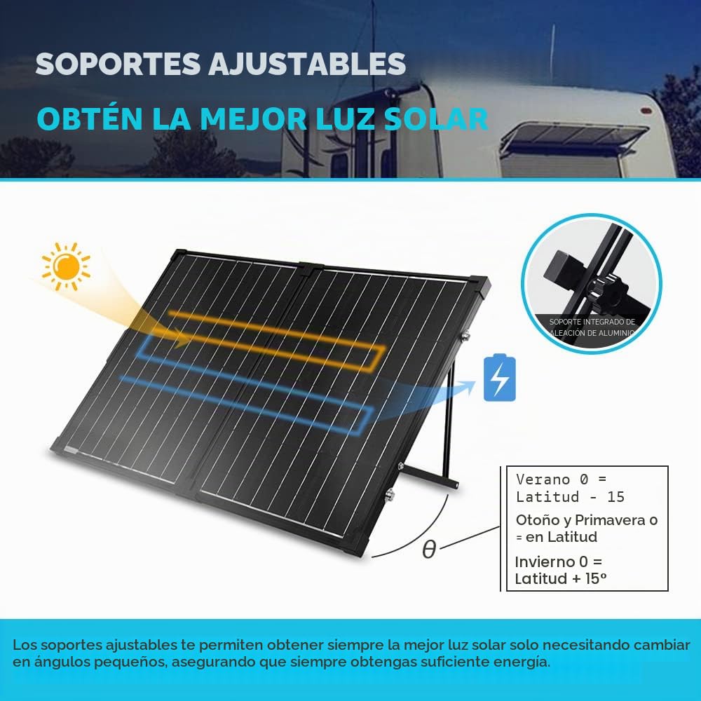 Renogy Panel Solar portátil de 100 W y 12 voltios para Central eléctrica, Maleta Plegable de 100 W con Soporte Ajustable, Cargador Solar para Caravana, Camping, Sistema Fuera de la Red, Color Negro