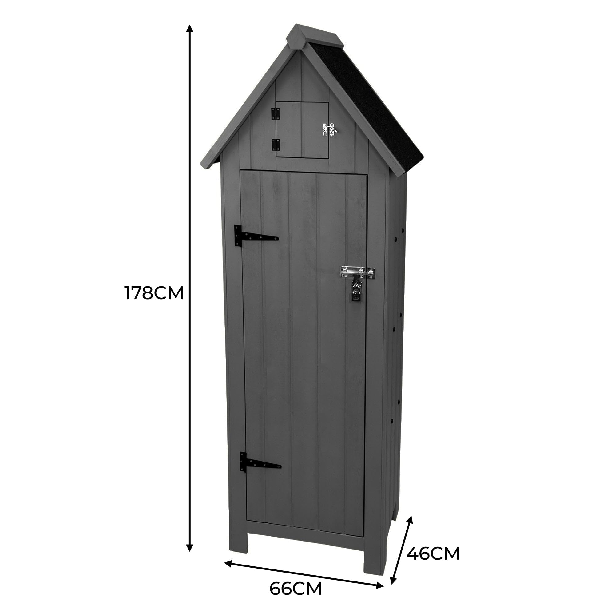 Cobertizo de Jardín de Madera Gris Almacenamiento Almacenaje Caseta Exterior Organizador Herramientas Jardin Estantes Esquina Ganchos para Colgar Sobre Puertas Candado llaves + Kit Fijación GRATIS