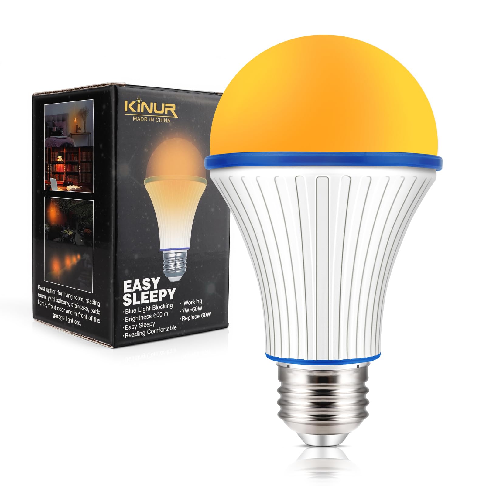 KINUR 7W A19 1800K Amber Light Bulb-Warm Light Bulbs for Sleep and Baby Nursery-60 Watt Equivalent-Non-Dimmable LED Sleep Light Bulbs 1 Pack